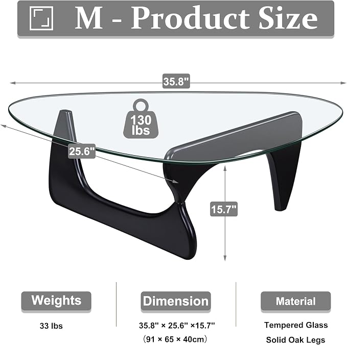 35.8" Modern Coffee Table, Triangle Tempered Glass & Sturdy Solid Legs - Image 2
