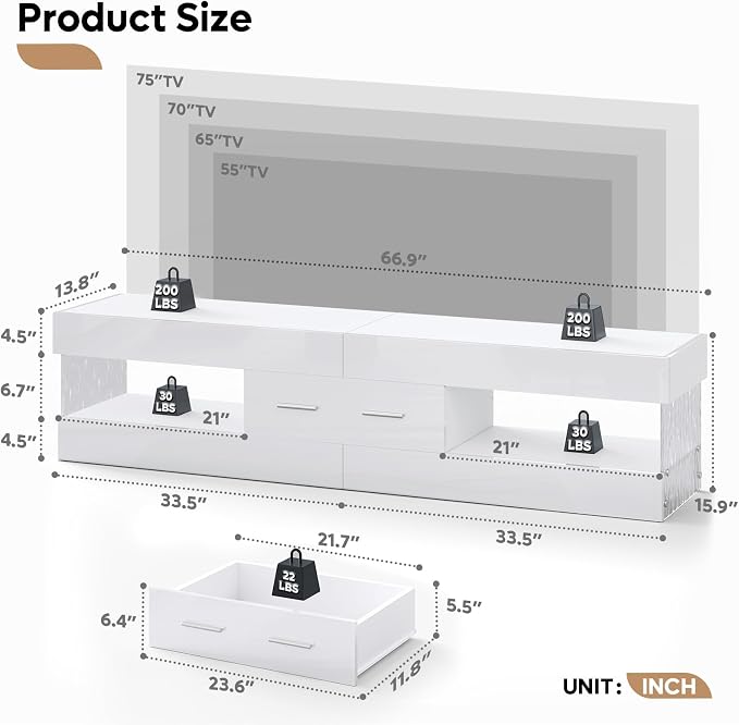 Bestier 67" Modern TV Stand for TVs up to 75 Inch, High Gloss LED Entertainment - Image 2