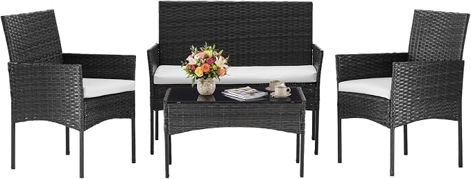 DUMOS 4 Piece Patio Furniture Set, All-Weather Outdoor Wicker Conversation Set by DumosLifestyle