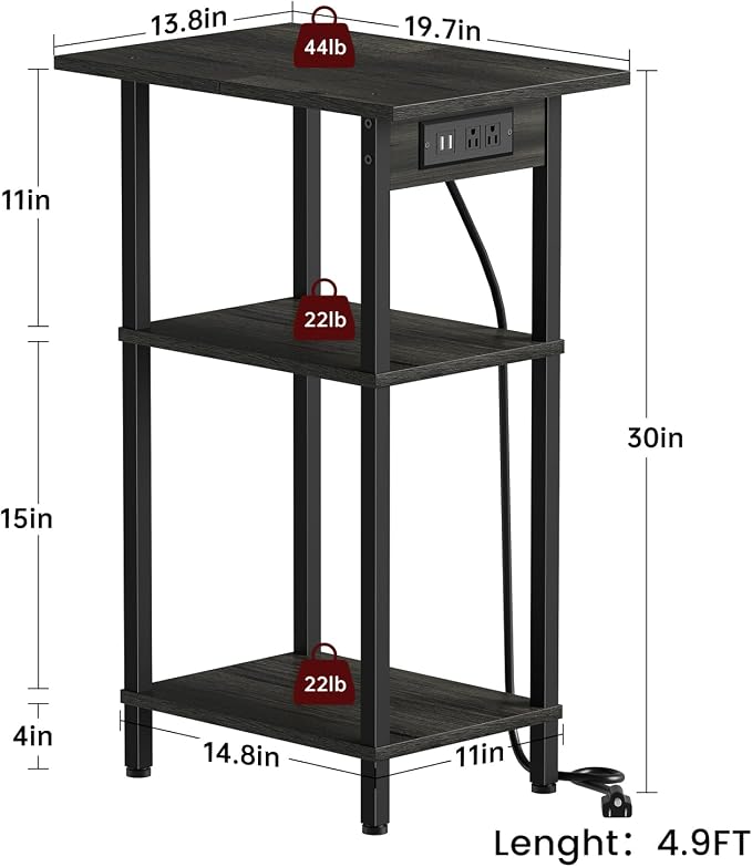 Asgolion Tall End Table with Charging Station, Skinny Nightstand with USB Ports - Image 3