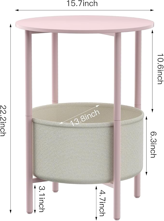 DGSANDGO Round End Table with Fabric Basket, Bedside Table with Storage - Image 3