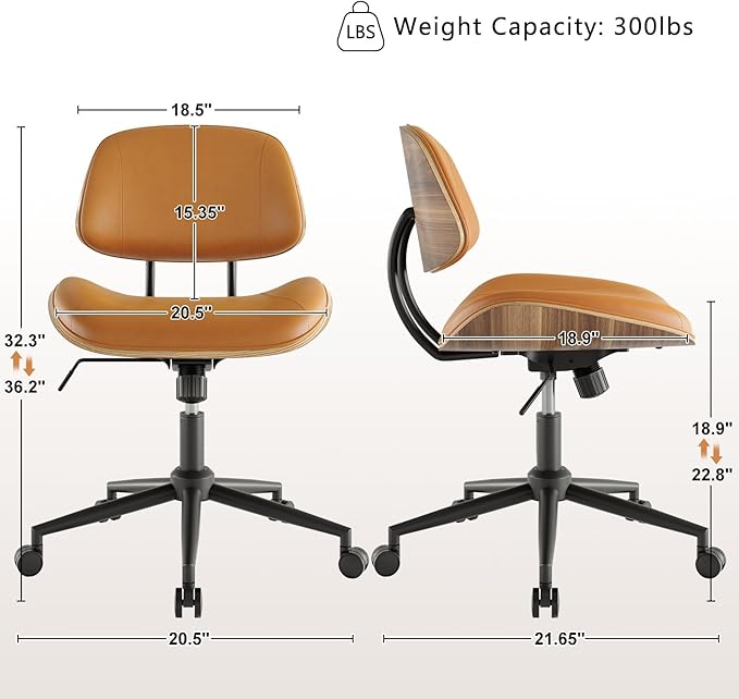 Armless Office Chair with Wheels, PU Leather Adjustable Height Desk Chair - Image 2