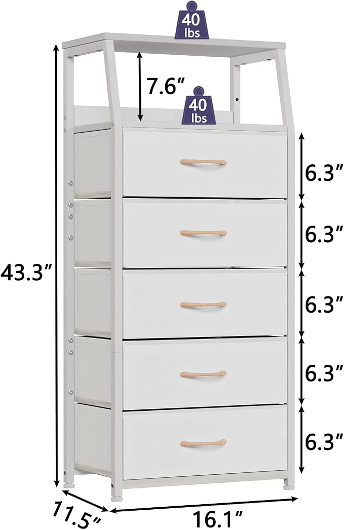 Furnulem White Dresser with 5 Drawers, Vertical Storage Tower Fabric Dresser - Image 3