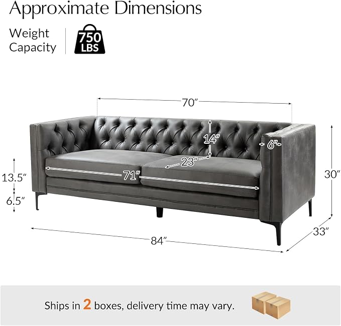 HULALA HOME 84" W Faux Leather Sofa Couch - Image 2