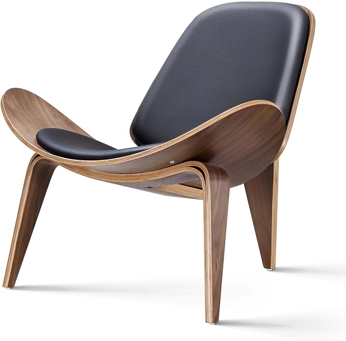 Furgle Mid Century Modern Shell Lounge Chair, PU Leather, Tripod Plywood by Unknown