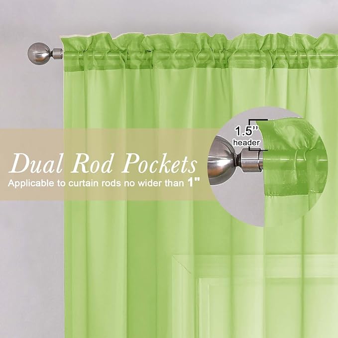 Lecloud Lime Sheer Curtains 96 Inches Long 2 Panels, Dual Rod Pockets Living - Image 5