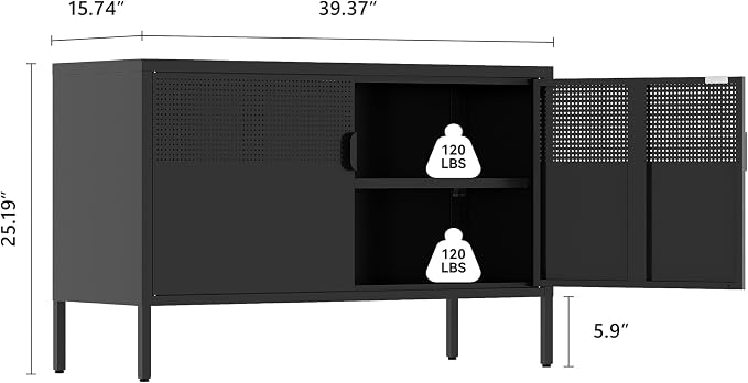 Metal Storage Cabinet, 2 Door TV Stand, Metal Mesh Accent Cabinet, Magnetic - Image 3