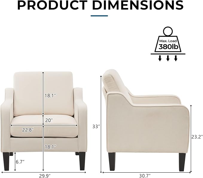 VINGLI Modern Accent Chairs Set of 2, Upholstered Sofa Chair Reading Chair - Image 2
