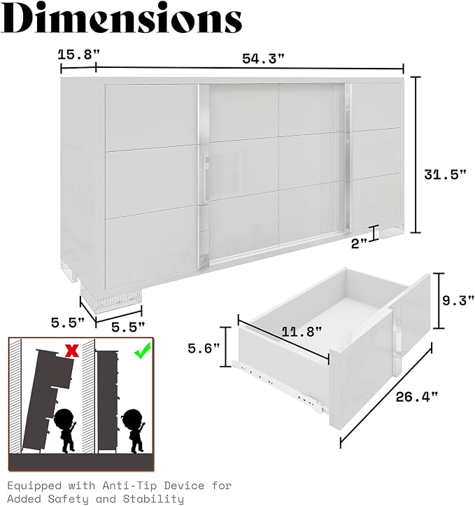 AMERLIFE 54" W High Gloss 6 Drawers Dressers - Image 2