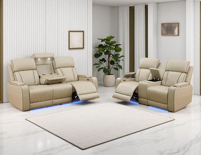 Leather Power Recliner Sofa Set, Living Room Furniture Sets, 2 Piece Reclining by LYfurniture