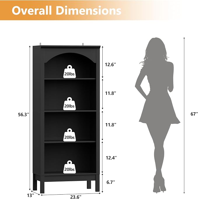 Arched Bookshelf with 4 Tier Open Shelves, Study and Living Room, Modern Black - Image 2
