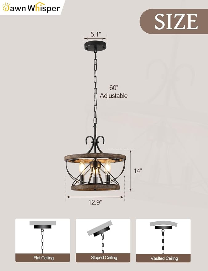 12.9 Inch Farmhouse Chandelier for Dining Room Wood Drum Chandelier Light - Image 8