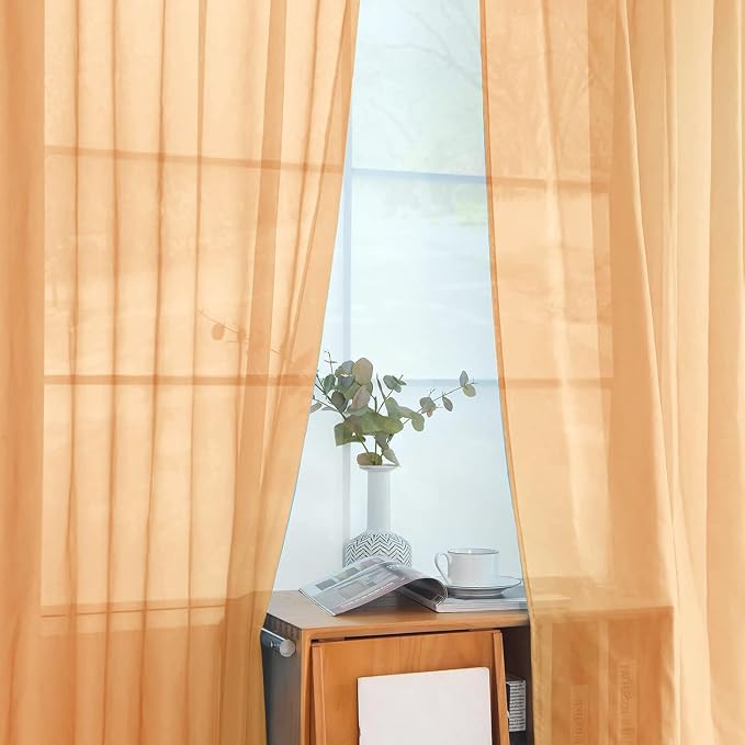 youleyar Solid Sheer Rod Pocket Curtain Voile Draperies 2 Panels Beige Semi - Image 4