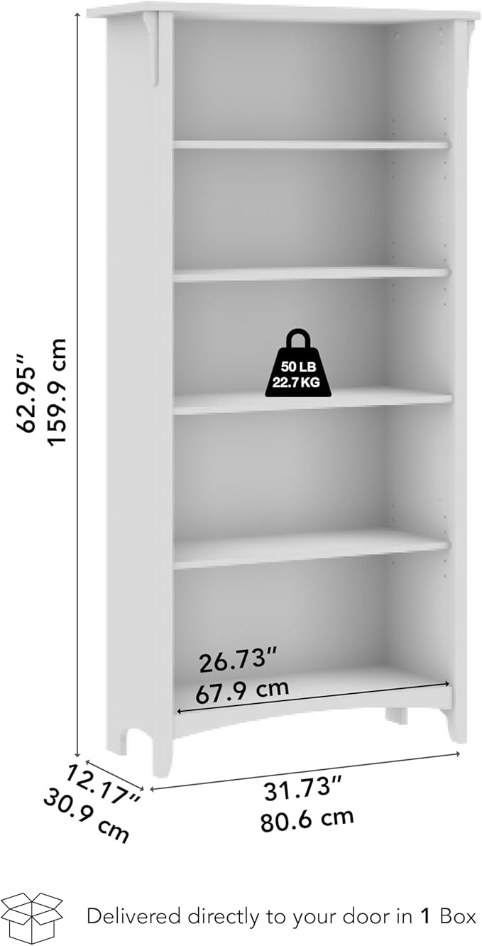 Bush Home Salinas 5 Shelf Bookcase in Ash Brown, Tall Bookshelf, Large Book - Image 3