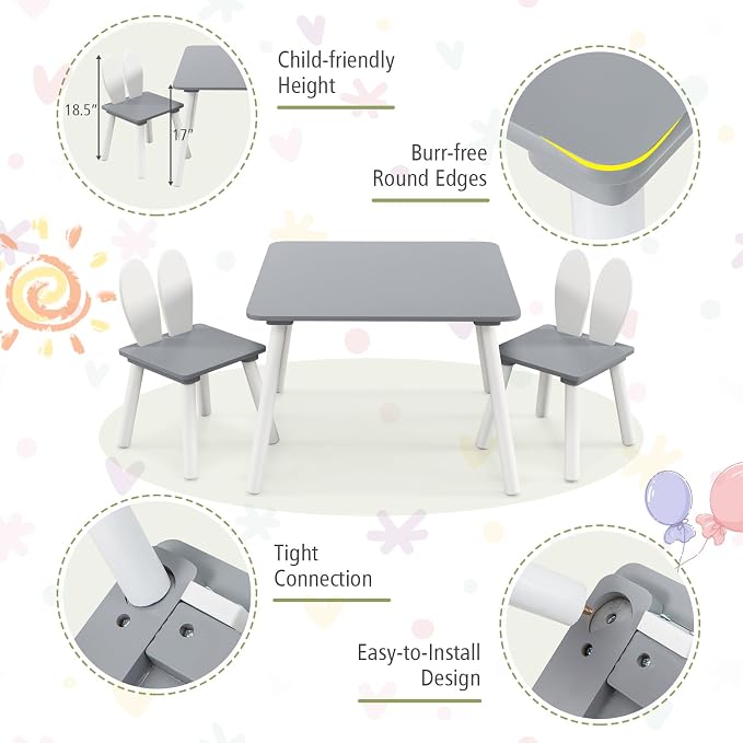 Costzon Kids Table and Chair Set, 3 Pieces Wooden Activity Table & 2 Rabbit - Image 5