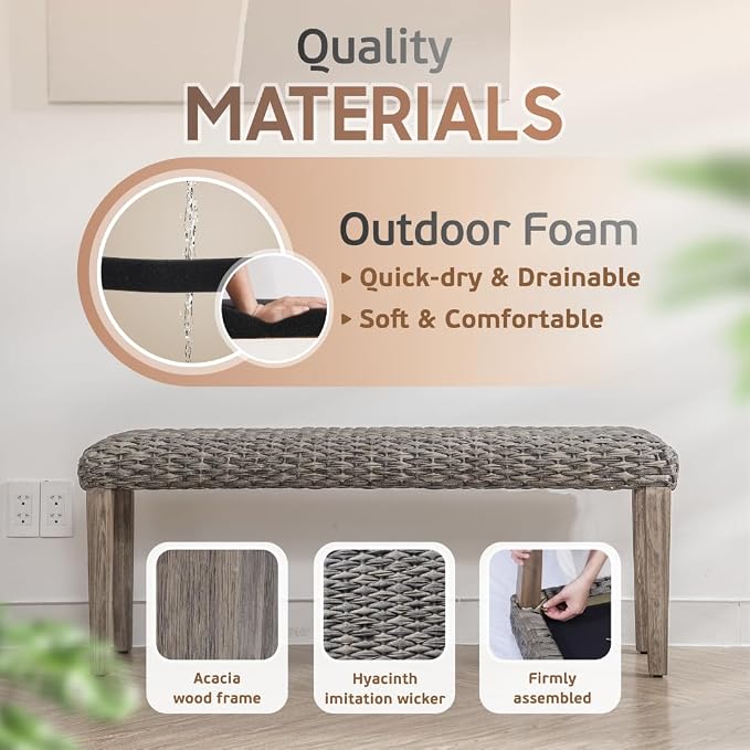 Outdoor Rattan Backless Bench, All-Weather Wicker & Solid Acacia Wood, - Image 8
