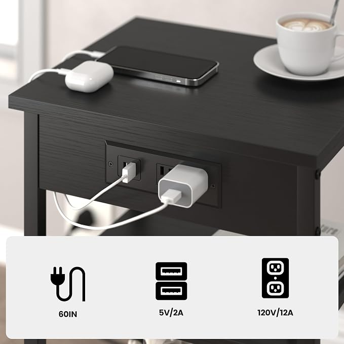End Tables Set of 2 with Charging Station USB Ports, 3 Tier Tall Night Stand - Image 5