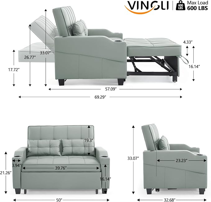 VINGLI Green Futon Sofa Bed Convertible Loveseat Sleeper Couch, Faux Leather - Image 3