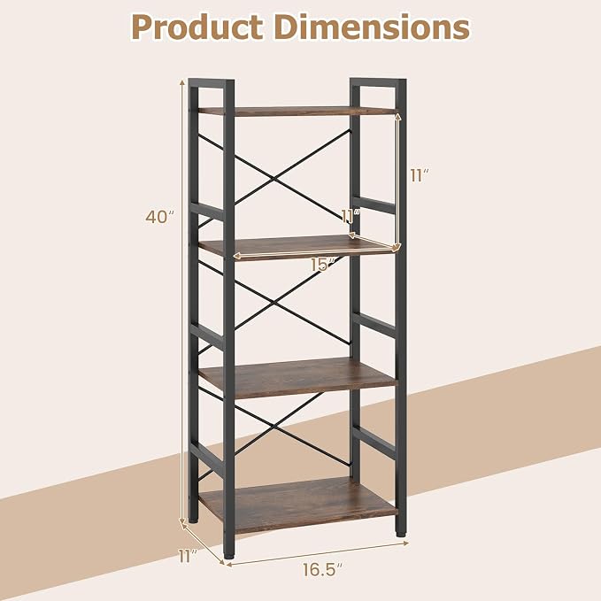Tangkula 3-Tier Industrial Bookshelf, 16.5" Width Wooden Open Bookcase - Image 3