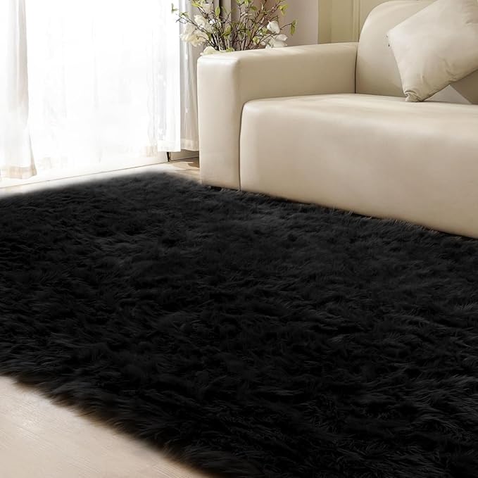 ORINOVA Washable 6x9 Area Rugs for Living Room Black Fuzzy Faux Sheepskin Shag by ORINOVA