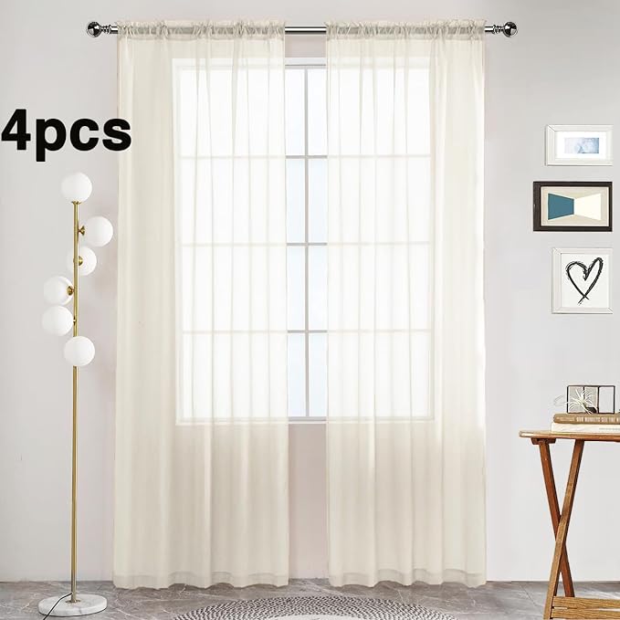 SpaceDresser Ivory Sheer Curtains 4 Panels Rod Pocket Semi-Sheer Curtain 84 - Image 2