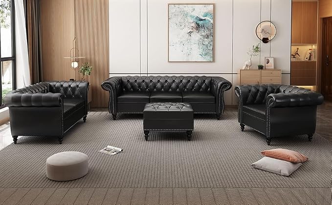 AVZEAR Chesterfield Leather Sofa 3 Seater Couch, Mid-Century Large Sofa Roll - Image 6
