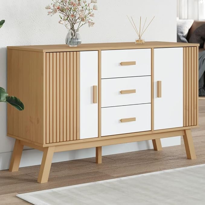 White and Brown Solid Pine Wood Sideboard by Unknown