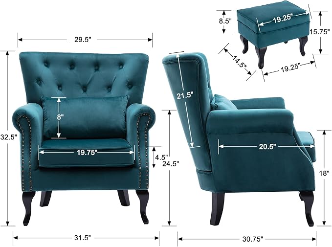 Accent Chairs with Ottoman Set of 2 Velvet Wingback Club Chair Upholstered - Image 3