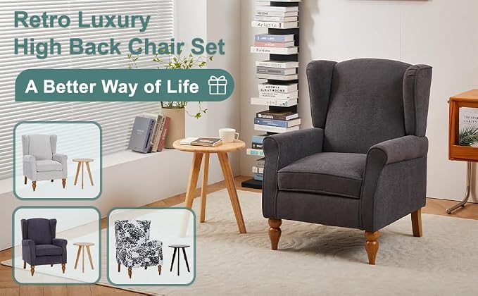 Coffee Table Armchair Set, High Back Reading Chair Solid Wood Side Table for - Image 7