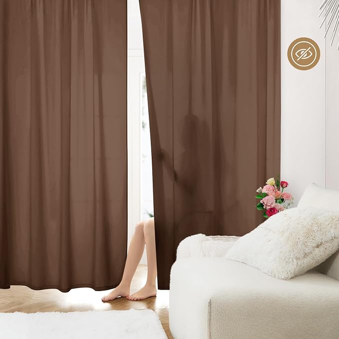 HOMEIDEAS Non-See-Through Brown Privacy Sheer Curtains, 52 X 63 Inches Long 2 - Image 2