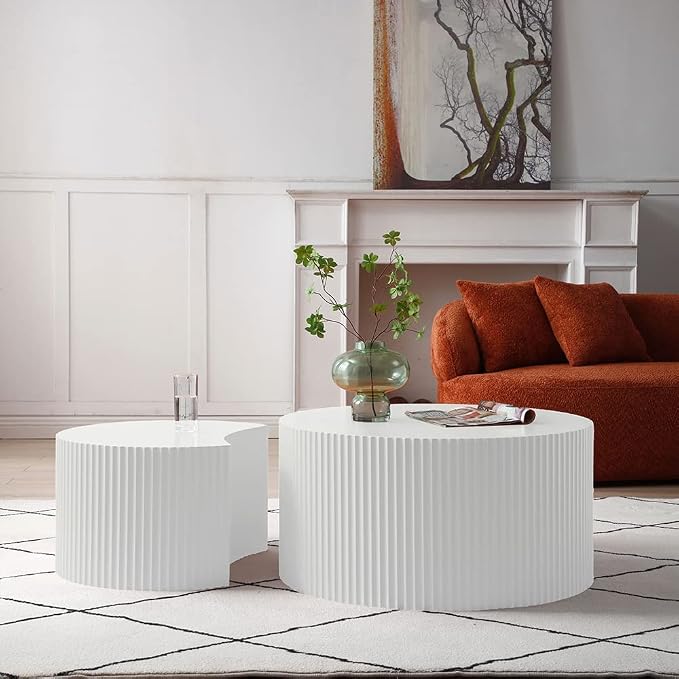 White Round Coffee Table Nesting Coffee Table Set of 2 Circle Fluted Cofee - Image 7