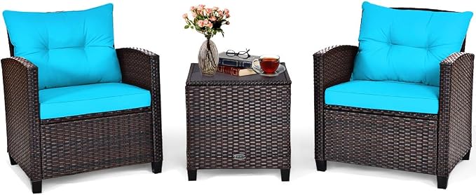 COSTWAY 3PCS Patio Furniture Set, PE Rattan Wicker Sofa w/Washable Cushion and by COSTWAY