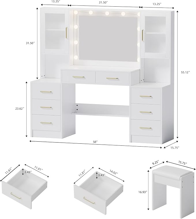 TOKSOM White Vanity Desk with Mirror, Lights & Charging Station, 2 Cabinets and - Image 4