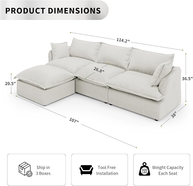 Cloud Sectional Sofa, 114.2" Large L Shape Convertible Modular Couch, Down Fill - Image 2