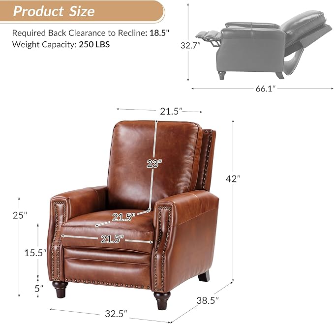 HULALA HOME Genuine Leather Manual Recliner Chairs Set of 2 - Image 2