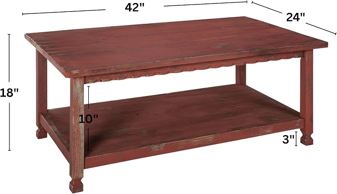 Rustic Rectangluar Coffee Table w/ 1 Shelf, Distressed Finish, Farmhouse Style - Image 3