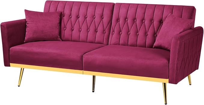 70” Velvet Futon Sofa Bed with 2 Pillows and Adjustable Armrests, Convertible - Image 8
