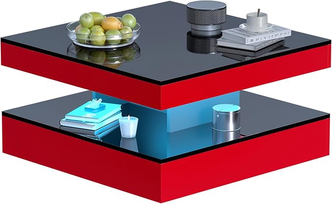 HedoAjim Red LED Coffee Table for Living Room, Living Room Table 2-Tier Square - Image 8