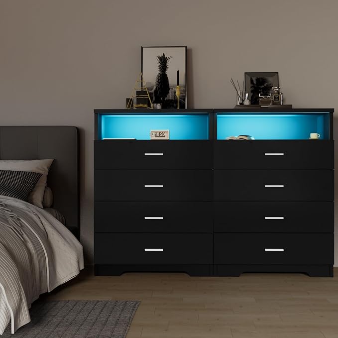 FJTJBSI Dresser with Power Outlets and LED Lights Wooden 4 Drawer Dresser with - Image 7