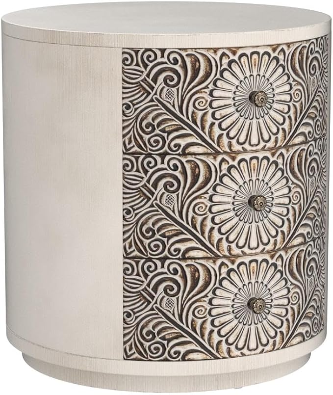 HOMPUS Round End Table with Carved Floral Pattern, Vintage Nightstand w 3 - Image 4