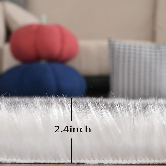 ORINOVA White and Grey Round Shag Rug 4ft Faux Sheepskin Fur Rugs - Image 2