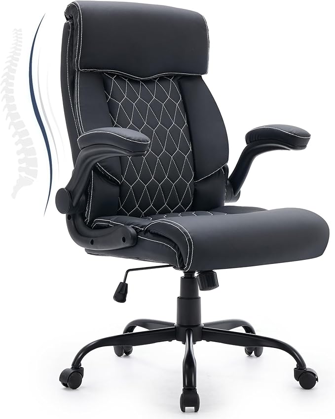 High Back Office Chair with Flip-up Armrests, Leather Comfy Desk Chair with by FORVEOLUX