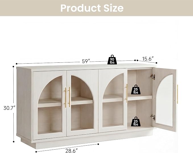 Fatmok 59" Buffet Cabinet with Glass Doors, Modern Arched Sideboard with Large - Image 2