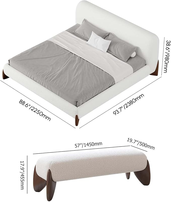 homary Curva Modern White Boucle King Size Platform Bed Set & Bedroom Bench - Image 2
