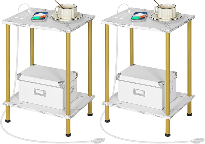 HOOBRO Side Table with Charging Station, Nightstand with 2-Layer Storage Shelves by HOOBRO