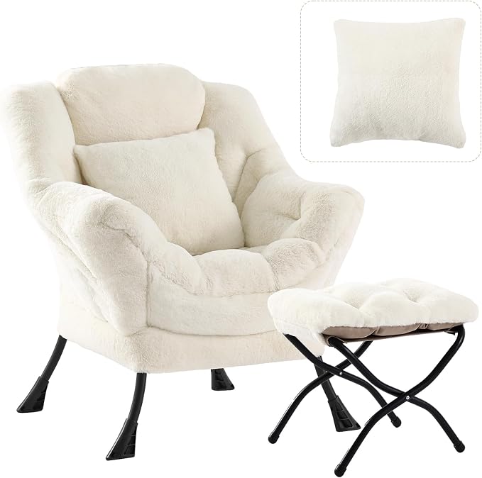 Lazy Chair with Ottoman, Large Lvory Accent Chair with Ottoman and FA Throw by HomeEastllyHome