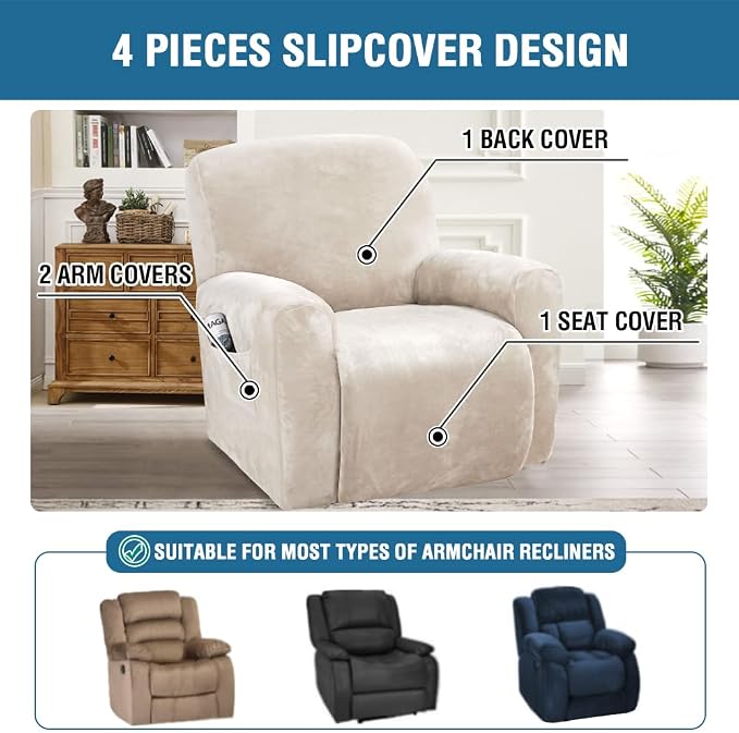 H.VERSAILTEX Velvet Stretch Recliner Couch Covers 4-Pieces Style Recliner Chair - Image 2