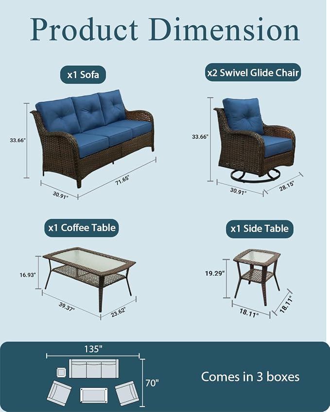 Patio Furniture Set, High Back Rattan Sofa & Swivel Rocker Chairs, Weather - Image 6
