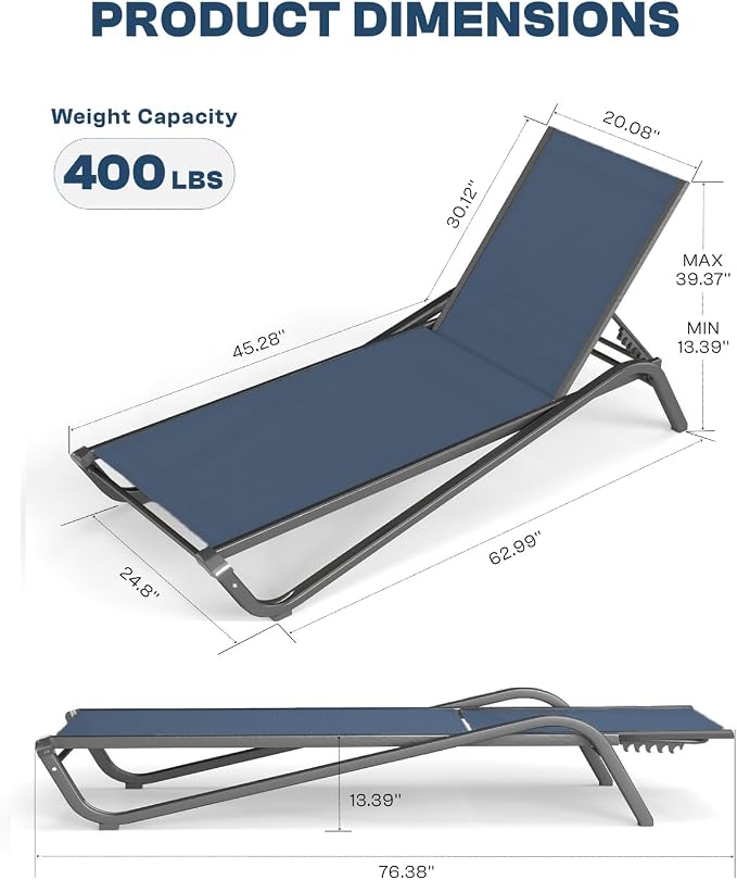 Patio Chaise Lounge Chairs Set of 6, All-Weather Aluminum Pool Loungers - Image 2