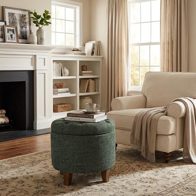 Homepop Home Decor | Upholstered Round Tufted Foot Rest Ottoman | Ottoman - Image 2